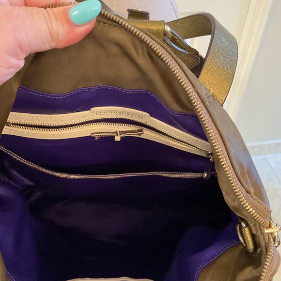 Henry Bendel Taupe 3Way Backpack/Shoulder/Top Handle w/Locket & Purple Interior - Picture 9 of 9